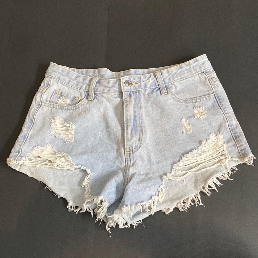SHEIN Blue Distressed Jean Shorts with Fringe Hem